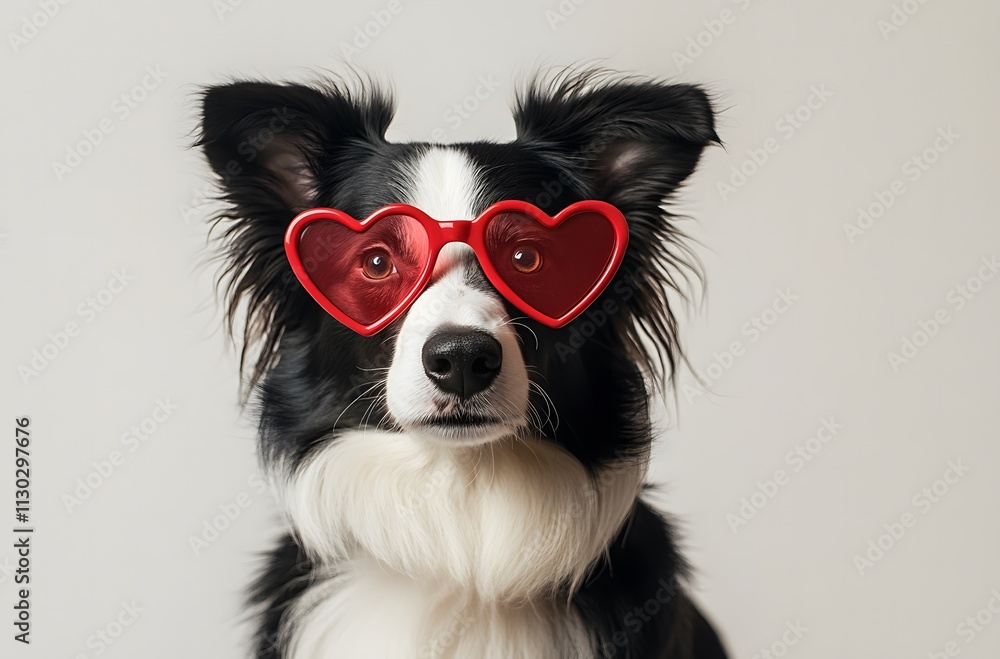 Fototapeta premium Valentine's Day concept. Funny puppy dog border collie in red heart shaped glasses isolated on white background
