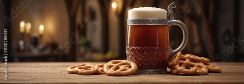 Bock beer in a traditional German beer stein with pretzels on the side,  brew,  snack,  drink photo