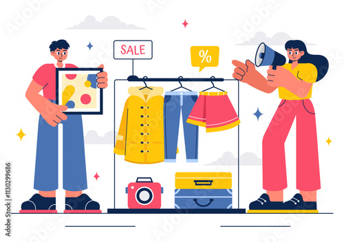 Flea Market Vector Illustration featuring a Second-Hand Shop with Shoppers, Swap Meets, Sellers, and Customers at a Weekend Market in a Business