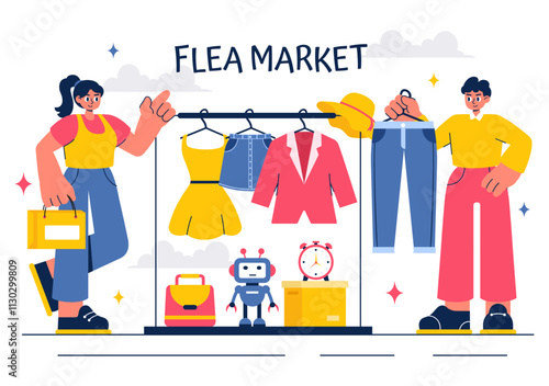 Flea Market Vector Illustration featuring a Second-Hand Shop with Shoppers, Swap Meets, Sellers, and Customers at a Weekend Market in a Business