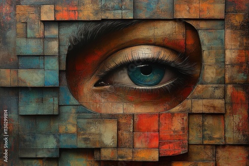 A striking close-up of a vivid blue eye peering through a mosaic of colorful, textured panels, creating a captivating visual experience.
