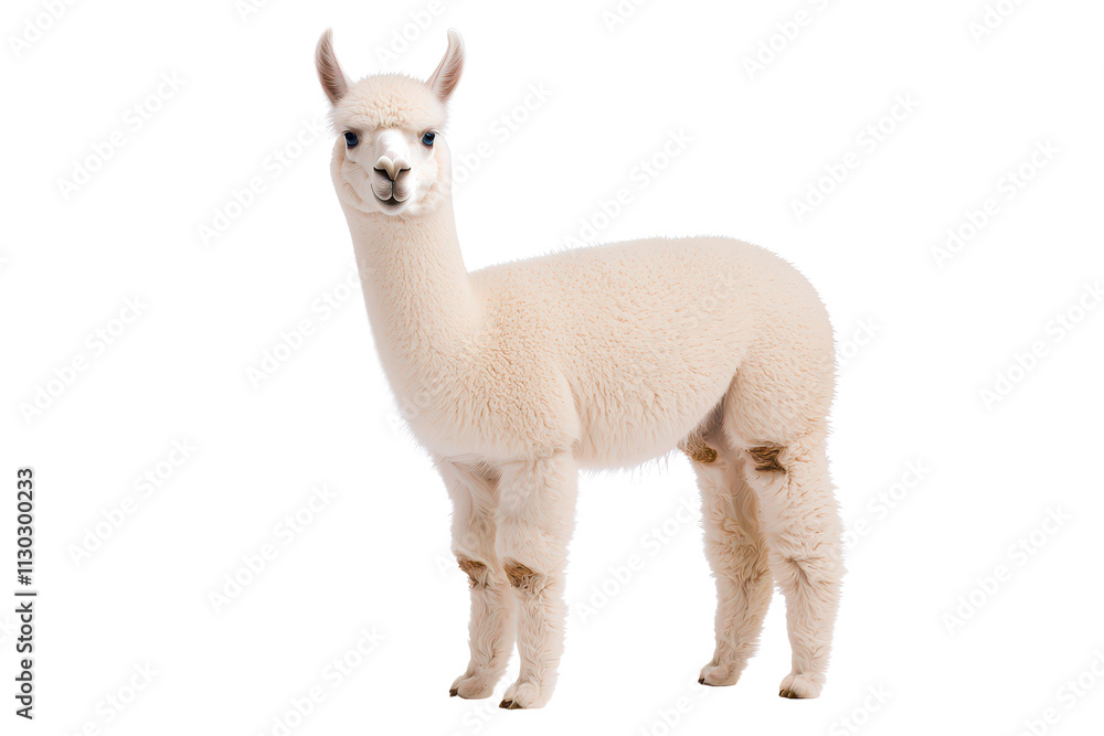 Obraz premium A fluffy, white alpaca stands upright, showcasing its unique features and soft coat.