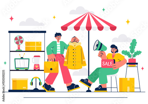 Flea Market Vector Illustration featuring a Second-Hand Shop with Shoppers, Swap Meets, Sellers, and Customers at a Weekend Market in a Business