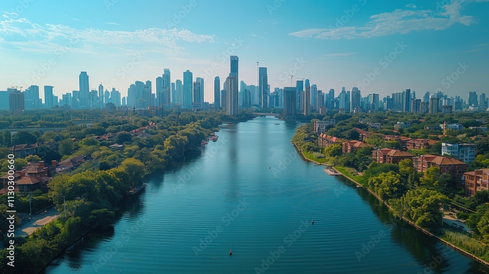 Fototapeta premium Urban Oasis: River Winding Through Modern Skyline