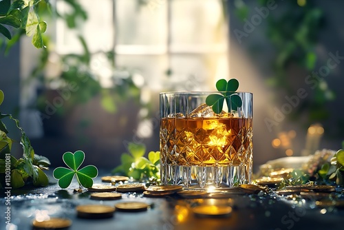 Close-Up of a Glass of Whiskey with Green Decoration for St. Patrick's Day photo