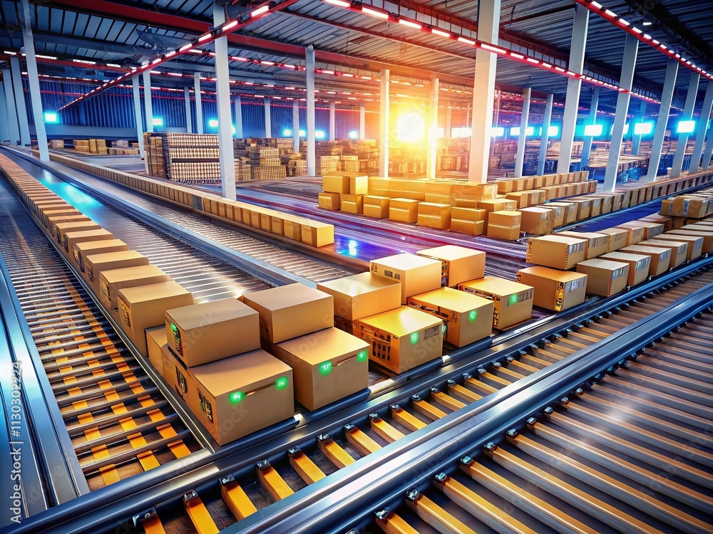 Obraz premium Automated Warehouse Conveyor Belt System with Cardboard Packages - High-Quality Photorealistic Image