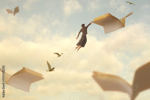 Foto woman carried by flying pages travels in the sky