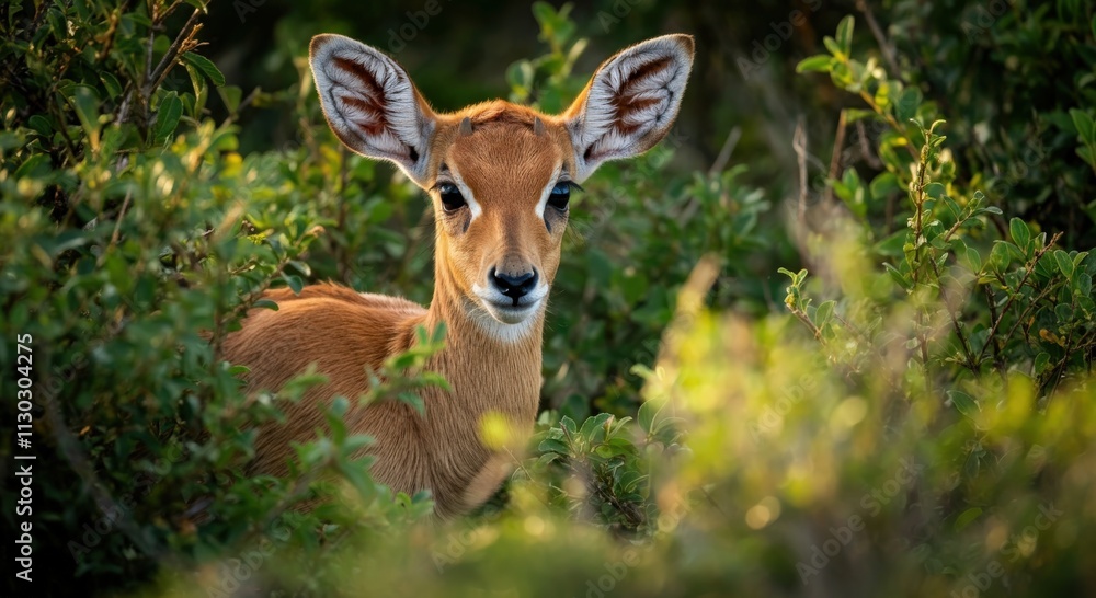 Fototapeta premium Graceful young impala among verdant foliage in natural habitat