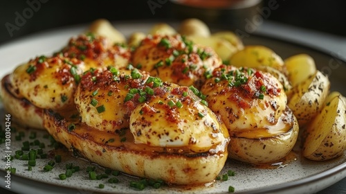 Eggs benedict served with extra sauce and sliced potatoes on a light plate.