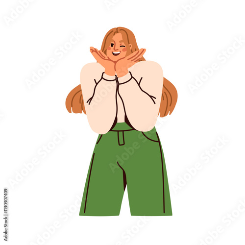 Happy woman portrait. Smiling girl posing, playful joyful funny and relaxed. Modern cheerful female model, positive energy, joyous mood. Flat vector illustration isolated on white background