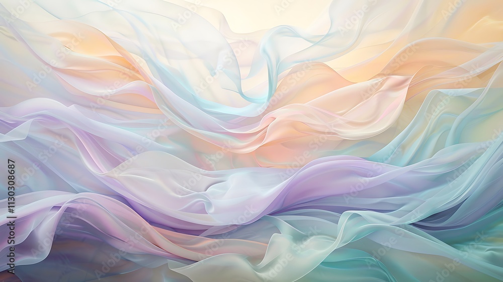Obraz premium Delicate, silky waves in pastel tones of peach, lavender, and mint, gently swaying over a white canvas in a harmonious rhythm.
