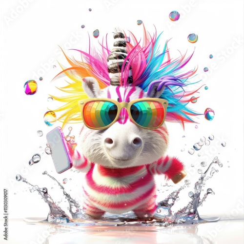 Cute funny unicorn unicorn splashing in colorful water with stylish sunglasses