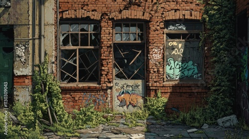 Urban decay scene featuring a crumbling brick building with shattered windows, overgrown plants, and graffiti-covered walls photo