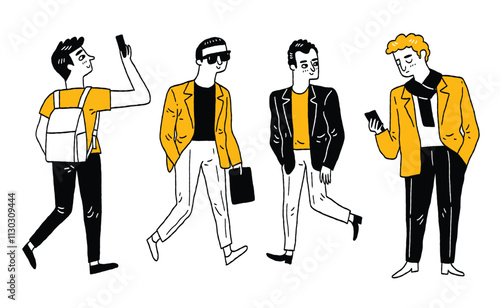 Cute character illustration of different people in various outfits, Outline, thin line art, hand drawn sketch, black and white ink style.
