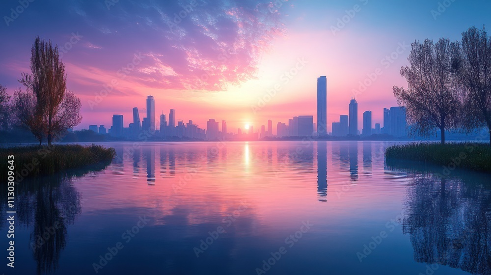 Fototapeta premium City skyline reflected in calm lake at sunrise.