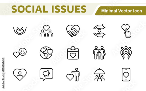 Social Issues Icon Set. Thought-provoking and impactful icons designed to raise awareness and promote engagement, perfect for enhancing campaigns, websites, and educational materials.