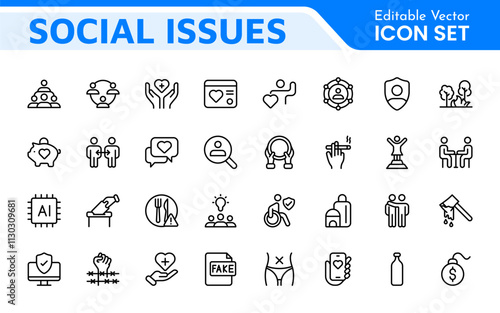 Social Issues Icon Set. Thought-provoking and impactful icons designed to raise awareness and promote engagement, perfect for enhancing campaigns, websites, and educational materials.