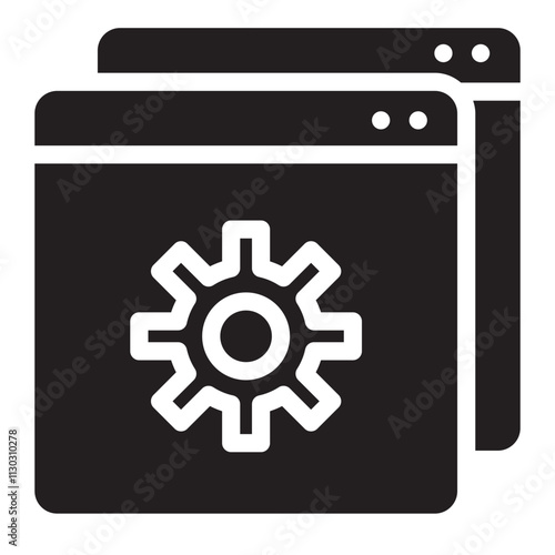 Vector icon featuring stacked layers and a gear symbol for settings or development