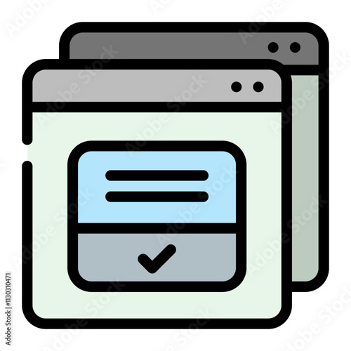 Multiple overlapping website windows with a checkmark indicating completion process
