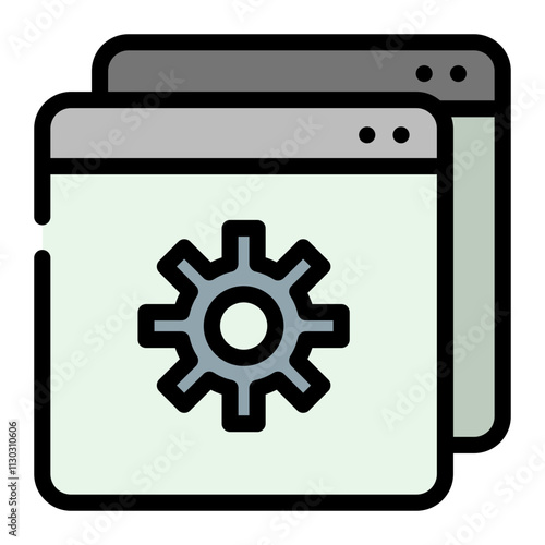 Vector icon featuring stacked layers and a gear symbol for settings or development
