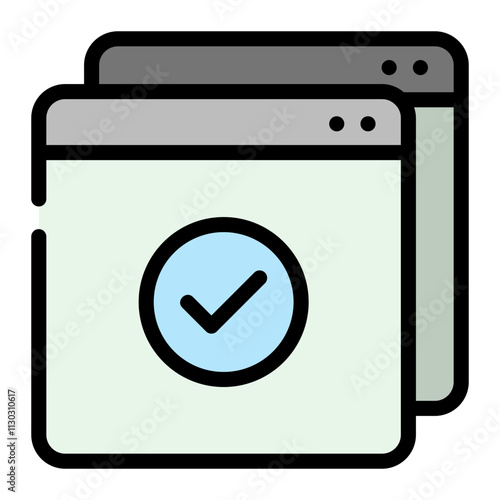 Completed Process Icon Illustration Showing Two Dark Browser Windows with a Checkmark Inside