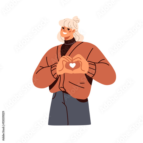 Woman making heart gesture with hands. Happy friendly female smiling, expressing love and kindness with finger sign. Kind girl, empathy emotion. Flat vector illustration isolated on white background
