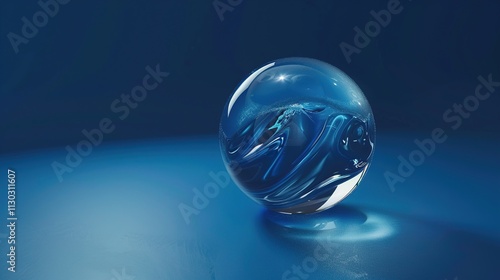 A clear, transparent glass marble on a solid dark blue background.