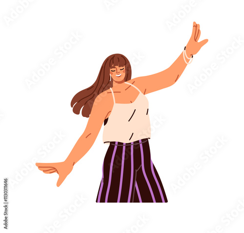 Happy woman dancing. Young female character smiling, enjoying with positive e...
