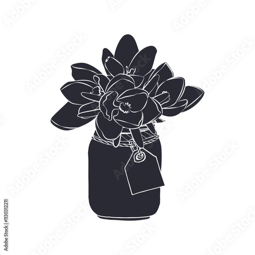 Black silhouette of crocus flower bouquet in mason jar or vase isolated on white background. Hand drawn floral linocut design