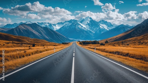 Endless straight road reaching towards majestic mountains, cloudy sky overhead, great for themes of travel and adventure in a natural setting.