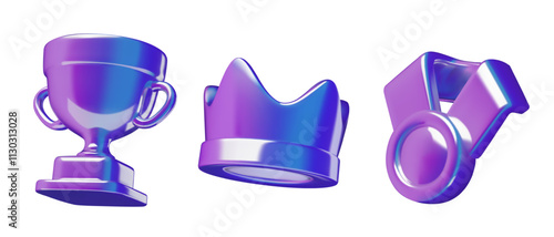 Winner awards holographic 3d icons including a medal, a trophy cup and a crown. Reward purple and blue chrome gradient vector elements.