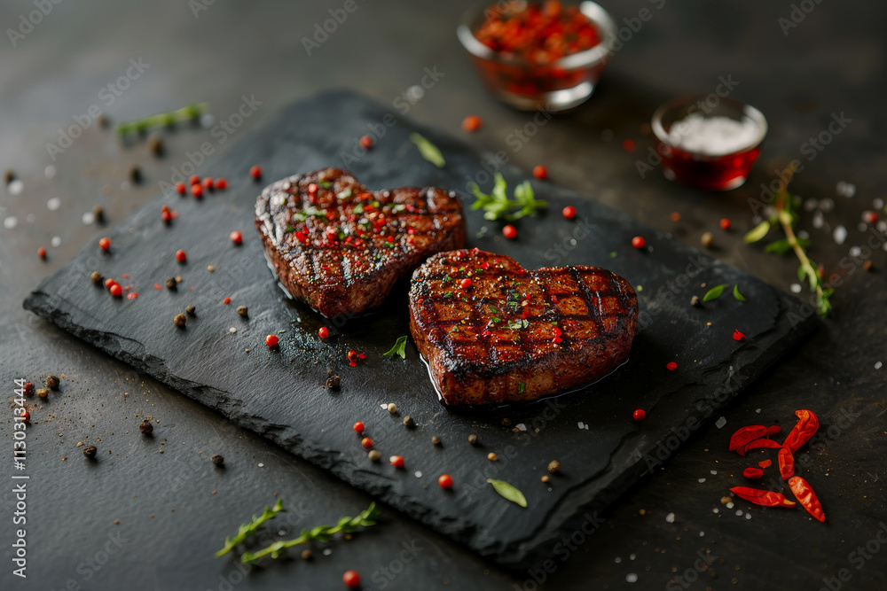 Grilled Heart shaped steaks with spices on stone on dark background. Dinner celebration concept for two person for Valentines Day