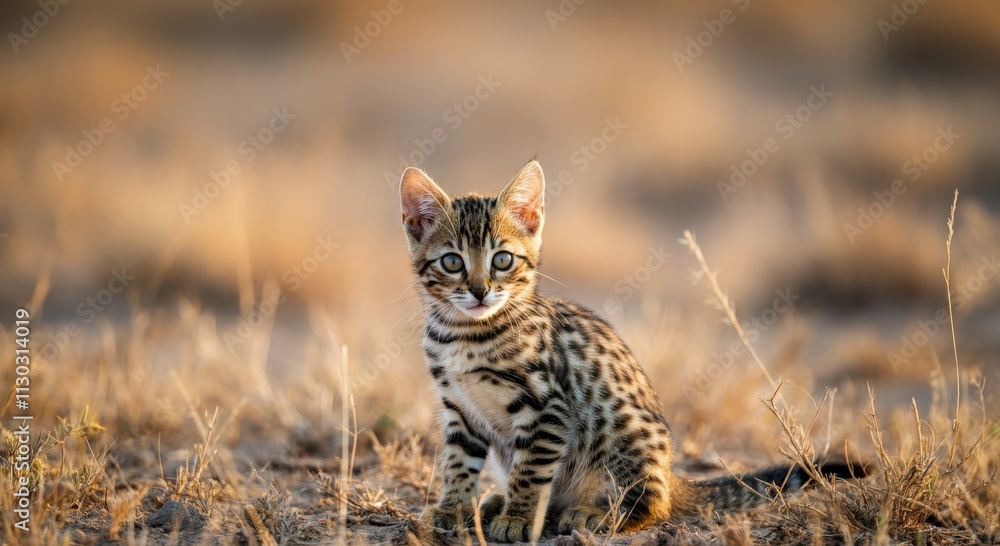 Obraz premium Bengal kitten in natural habitat exploring prairie environment at sunset