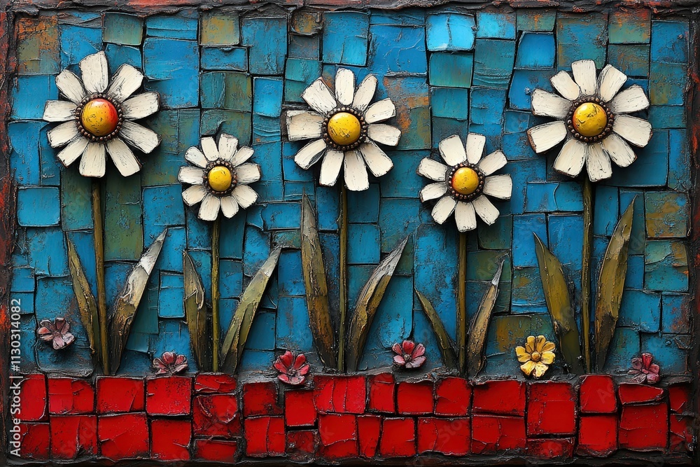 Obraz premium A vibrant artwork featuring five white daisies on a blue background, creating a cheerful and artistic floral display.
