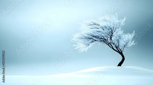 tree blown sideways in the wind with frozen glacier branches, realistic, photo