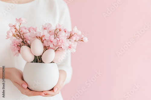 Soft pink blossoms are lovingly arranged with pastel eggs in a white vase, evoking the spirit of spring celebrations
