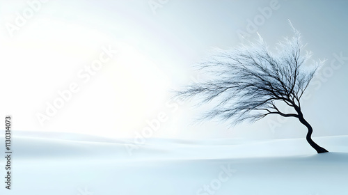 tree blown sideways in the wind with frozen glacier branches, realistic, photo