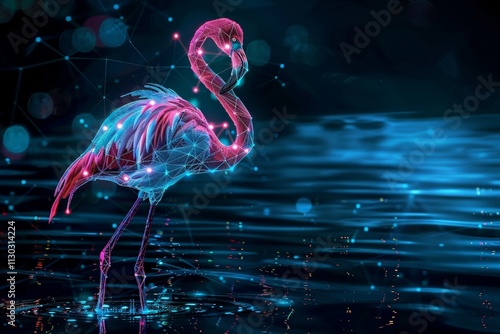 Digital Flamingo in a Glowing Blue Water