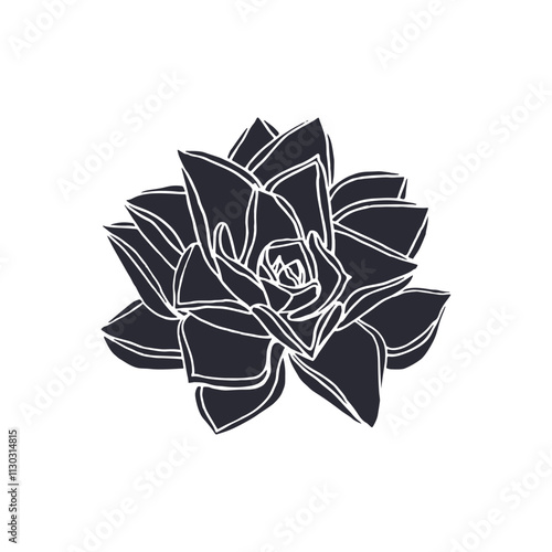 Black silhouette of succulent plant isolated on white background. Hand drawn floral linocut design