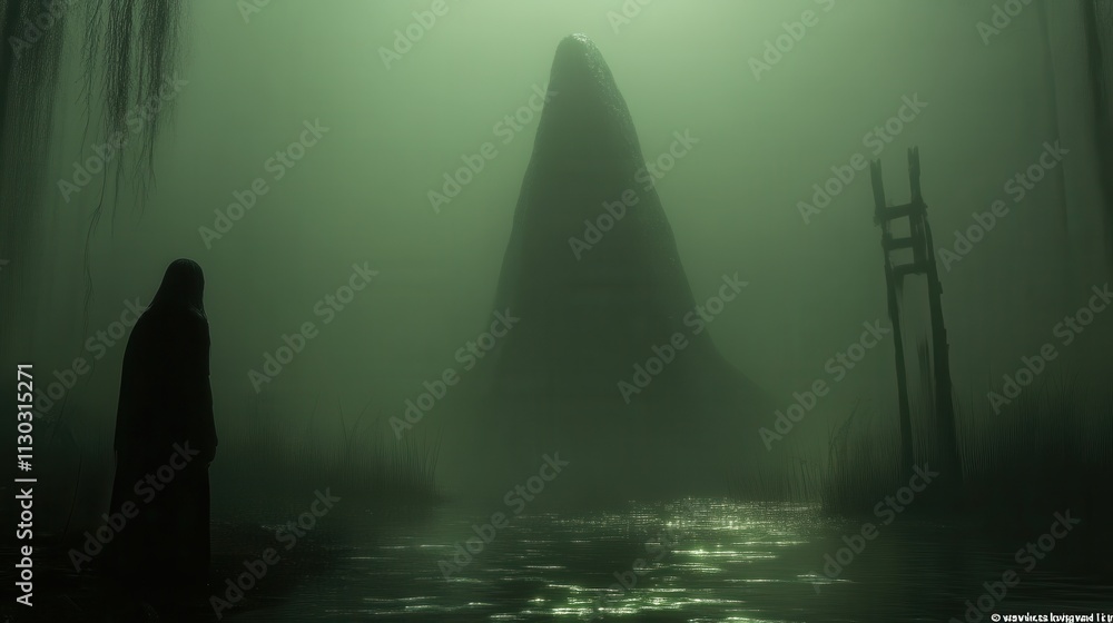 Mysterious figure in foggy swamp before ominous peak. Mysterious figure in foggy swamp before ominous peak.