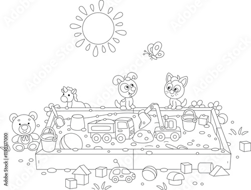 Happy little puppy and kitten playing among baby toys in a sandbox on a playground in a park on a sunny summer day, black and white outline vector cartoon illustration for a coloring book