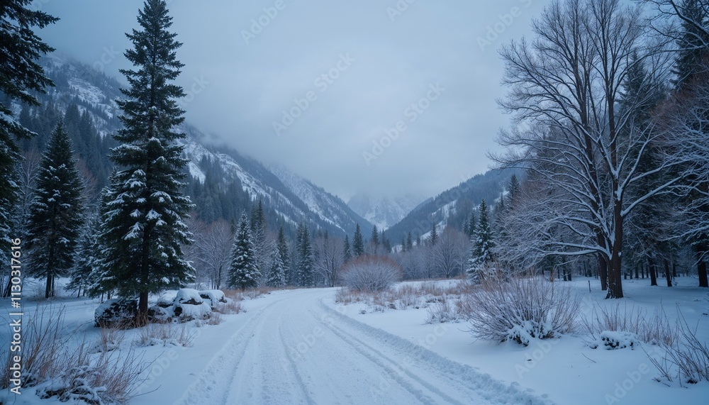 Obraz premium Snow-covered road in a mountain valley under a gloomy winter sky with dense gray clouds