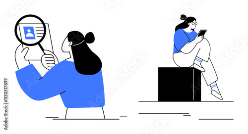 Person examining profile details through magnifying glass individual looking at tablet while sitting. Ideal for recruitment, social media, user research, online validation, digital communication