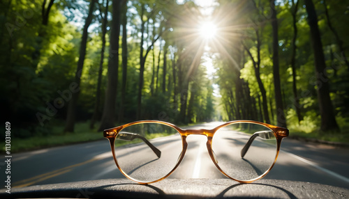 Stylish glasses placed on a car dashboard with a sunny forest road in the background
