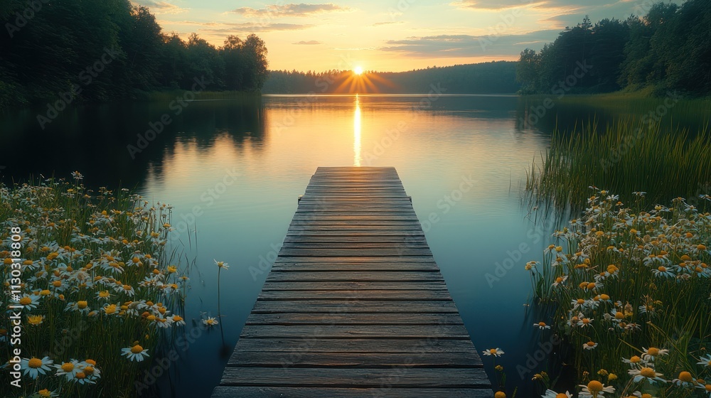 Fototapeta premium Serene sunset over calm lake with wooden dock and wildflowers.