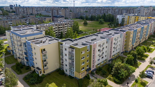 Aerial View of Colorful Apartment Buildings in Residential Area