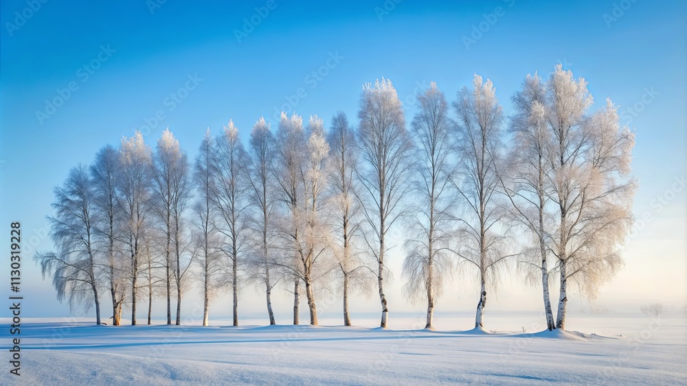 Obraz premium Serene winter landscape showcasing a row of frost-covered trees standing tall against a clear blue sky, a picturesque scene of winter tranquility.
