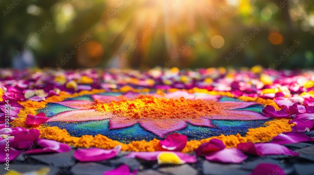 Fototapeta premium Vibrant Mandala of Flower Petals and Colorful Powder
