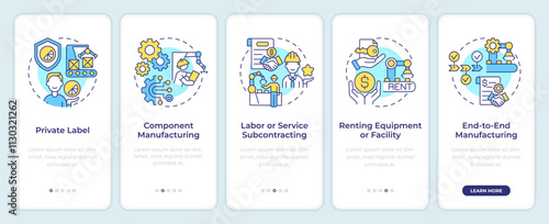 Manufacturing agreements onboarding mobile app screen. Walkthrough 5 steps editable graphic instructions with linear concepts. UI, UX, GUI template. Montserrat SemiBold, Regular fonts used