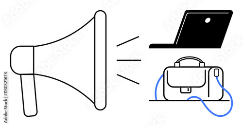 Megaphone amplifying laptop and briefcase. Ideal for business communication, marketing, work announcements, corporate presentations, digital media, remote work, team collaboration. Line metaphor